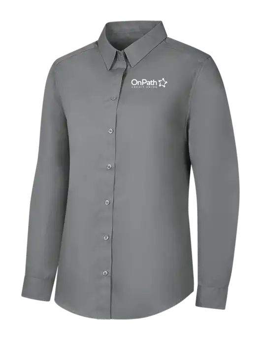 Womens Medium Grey Long Sleeve Carefree Poplin Shirt w/OnPath Logo