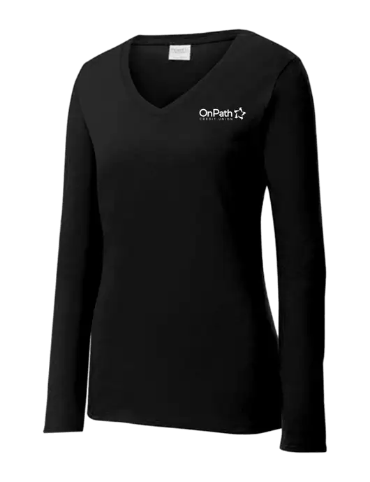 Womens V-Neck Ring Spun Jet Black 4.5 oz Long Sleeve T-Shirt w/OnPath Logo