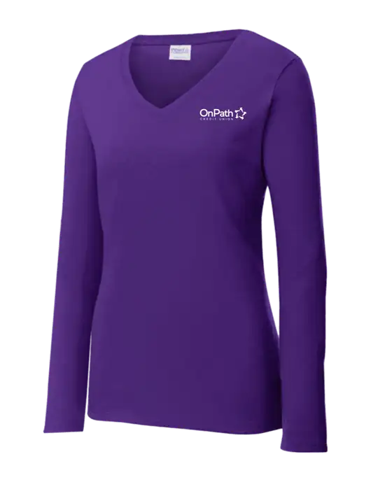 Womens  V-Neck Ring Spun Purple 4.5 oz Long Sleeve T-Shirt w/OnPath Logo