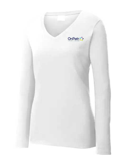 Womens  V-Neck Ring Spun White 4.5 oz Long Sleeve T-Shirt w/OnPath Logo