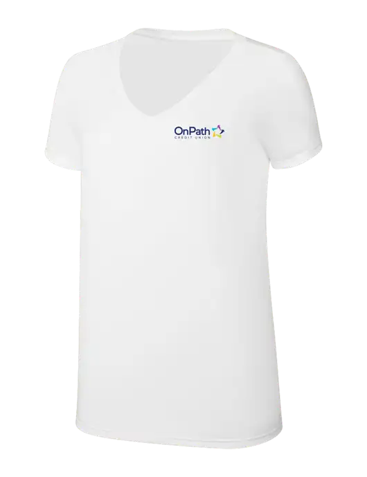 Womens Simply Soft V-Neck White 4.5oz  Poly/Combed Ring Spun Cotton T-Shirt w/OnPath Logo