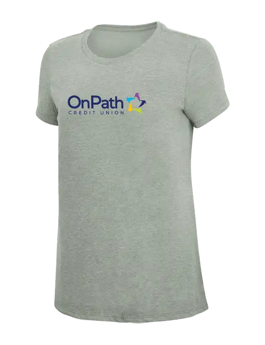 Womens Simply Soft Heathered Light Grey 4.5oz Poly/Combed Ring Spun Cotton T-Shirt w/OnPath Logo