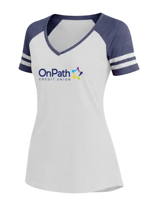 Womens White/Navy Heather V-Neck Game Tee w/OnPath Logo