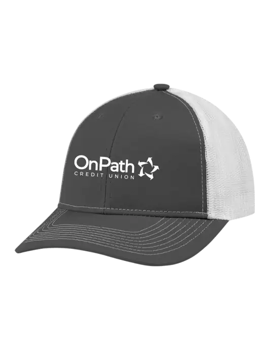 Snapback Ponytail Trucker Cap Dark Grey w/White Mesh w/OnPath Logo